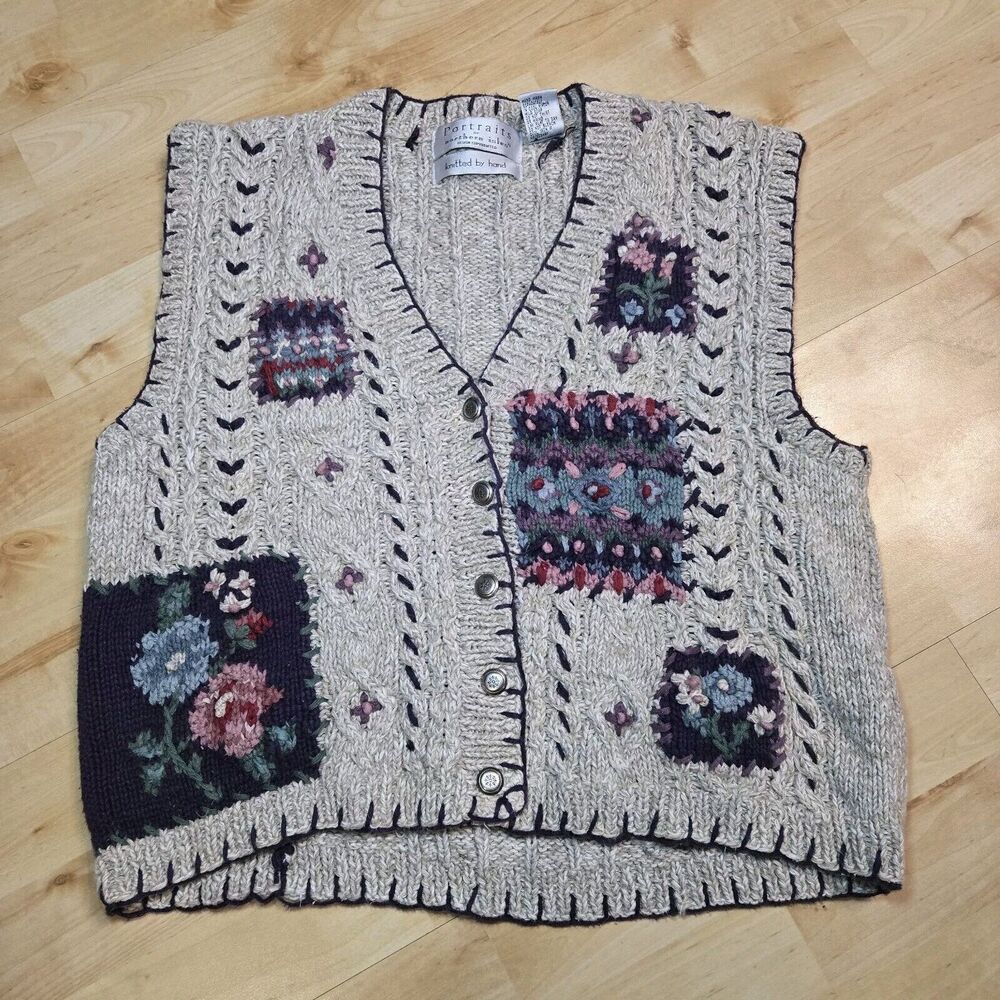 Vtg‎ Portraits by Northern Isles Hand Knitted Vest Large Floral Oatmeal Cottage